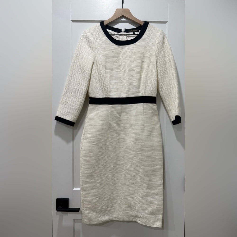 Jaeger Cream Textured Sheath Dress Black Trim 3/4 Sleeve Size 10